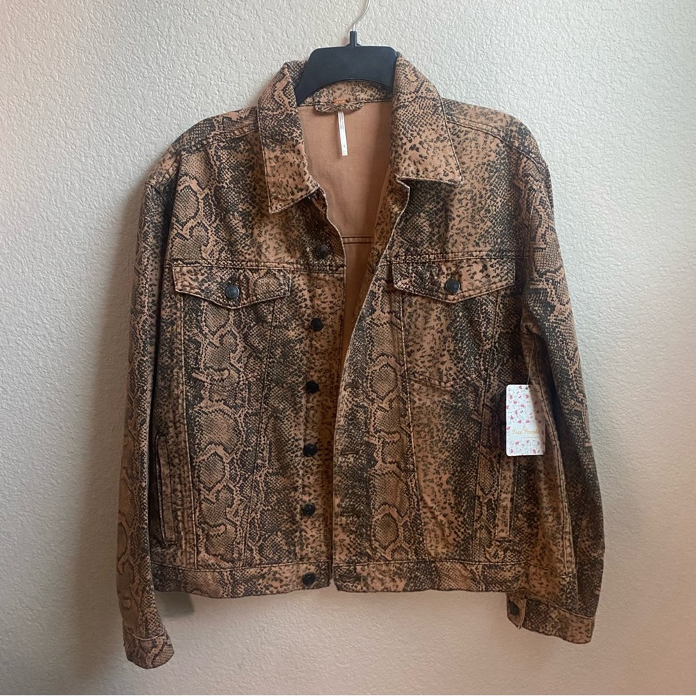 Free People Brown Snake Print Jean Jacket